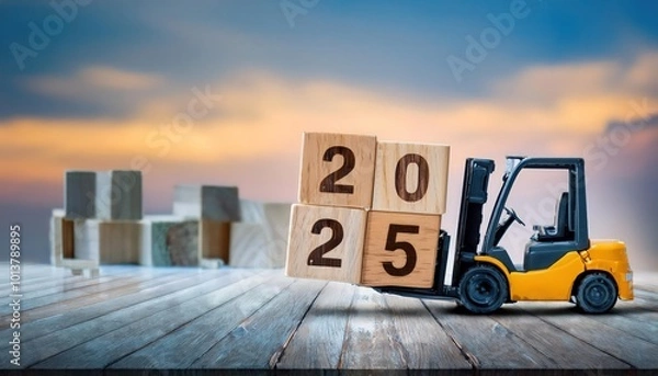 Fototapeta Forklift carrying wooden block forming "2025" in an industrial setting.