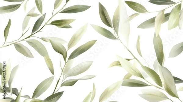 Obraz Delicate olive branches with leaves in sage green, seamlessly arranged on a white background for a subtle and calming design