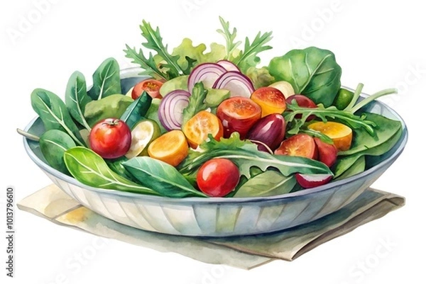 Obraz Watercolor hand drawn Fresh vegetable salad on a white background