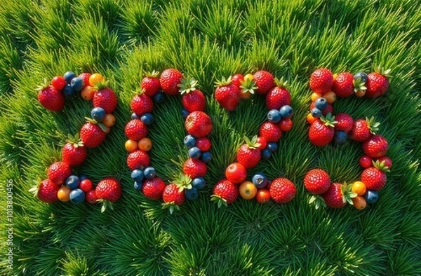 Fototapeta Number (numeral) 2025 represents the happy year 2025 in a minimalistic style, the numbers are 3D rendered with berries in a line. Top view. Figures green grass on a sunny day. Healthy eating concept
