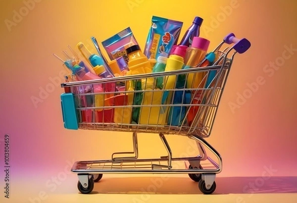 Obraz A shopping cart on a yellow background with bright lighting