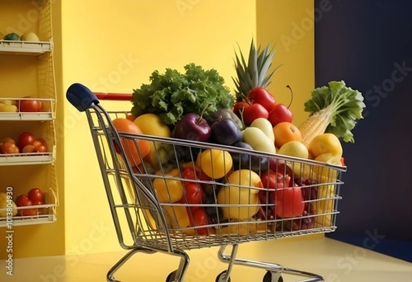 Obraz A shopping cart on a yellow background with bright lighting