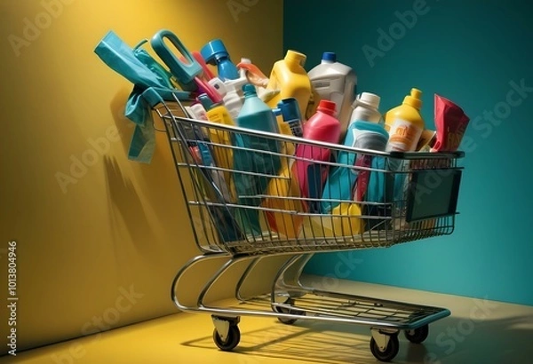 Obraz A shopping cart on a yellow background with bright lighting