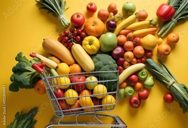 Obraz A shopping cart on a yellow background with bright lighting