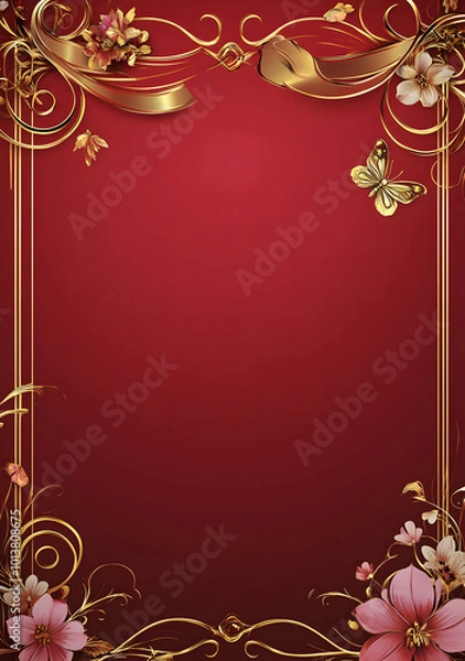 Obraz Vector illustration of a letter paper with a ribbon, floral decoration, and butterflies on the left side, against a plain background design with golden lines and a red background design
