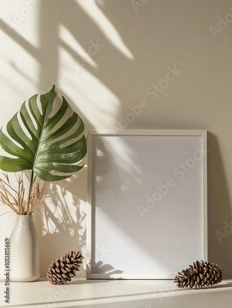 Fototapeta A minimalist setting features a blank framed poster, tropical leaf, and pinecones, creating natural elegance.