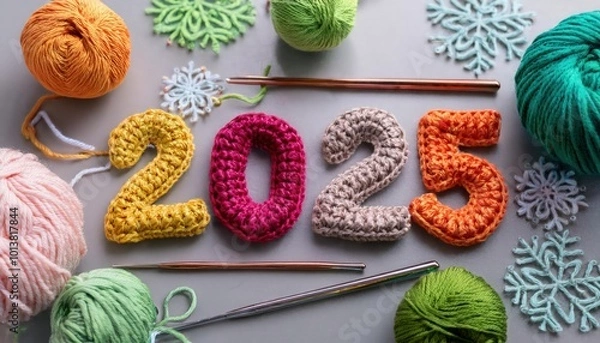 Fototapeta Colorful crochet numbers forming 2025 with yarn and knitting needles.