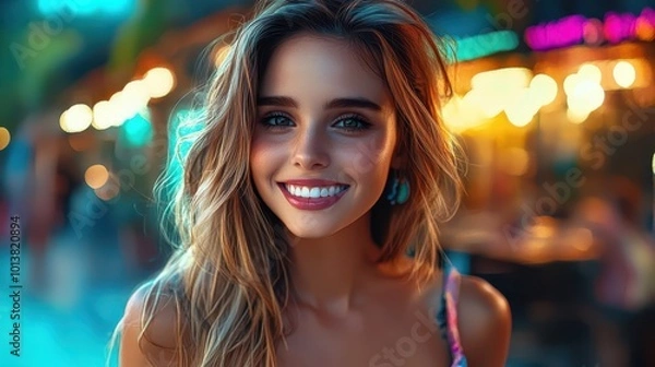 Fototapeta Woman in a red sweater smiling while admiring glowing lights, evoking warmth and joy.