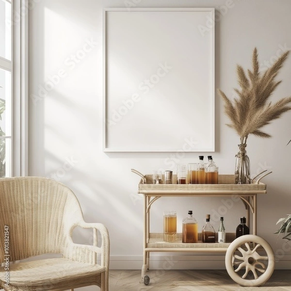 Fototapeta A sunny corner with a chic bar cart, wicker chair, and minimalist wall art, beautifully combining functionality and style.