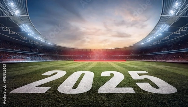 Fototapeta "2025" painted on stadium field with sunset, symbolizing competition.