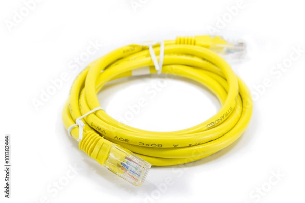 Fototapeta yellow network cable isolated on white background