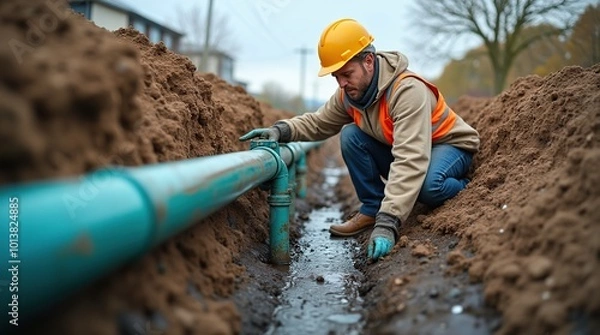 Fototapeta Workers install underground pipes for utilities and infrastructure development