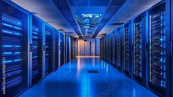 Obraz A high-tech server room illuminated in blue, showcasing numerous servers arranged in neat rows, emphasizing a modern data storage environment.