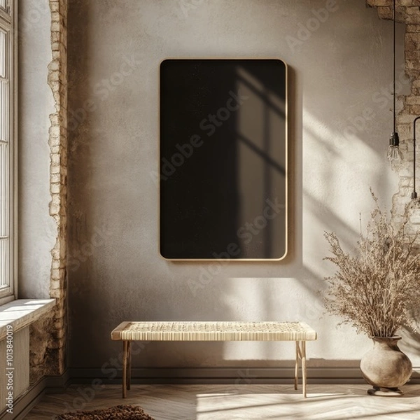 Fototapeta A modern interior scene with a dark framed artwork, blending striking light, shadows, and rustic chic elements for an elegant aesthetic.