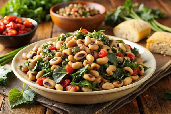 Obraz Black-eyed pea salad with greens and tomatoes on rustic table