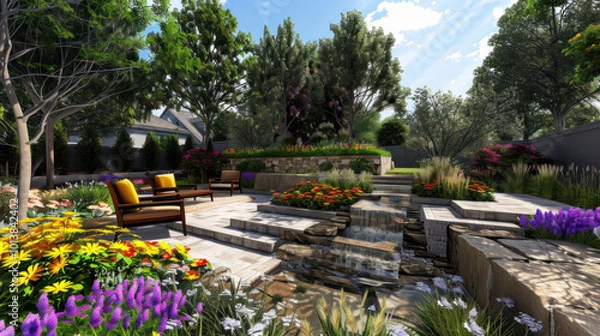 Fototapeta Backyard landscape featuring a water feature, vibrant flowers, and functional outdoor spaces for gatherings