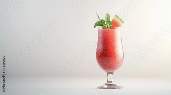 Fototapeta A refreshing watermelon smoothie in a clear glass with mint garnish, standing out against a pure white surface.