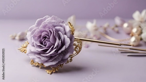 Obraz A Delicate Lavender Rose Hairpin Surrounded by Elegant Floral Accents on a Soft Purple Background