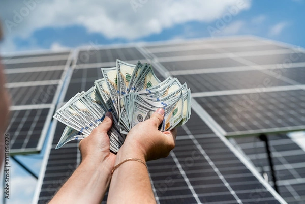 Obraz worker with hundred dollar bills as saving money, against  solar station