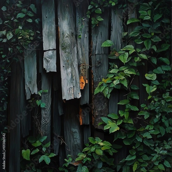 Fototapeta Wooden planks covered in vibrant green ivy, creating a harmonious blend of nature and texture.