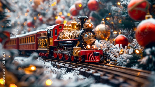 Obraz Delightful winter scene, a toy train rolls around a beautifully decorated Christmas tree, surrounded by shimmering ornaments and glowing lights. Copy space