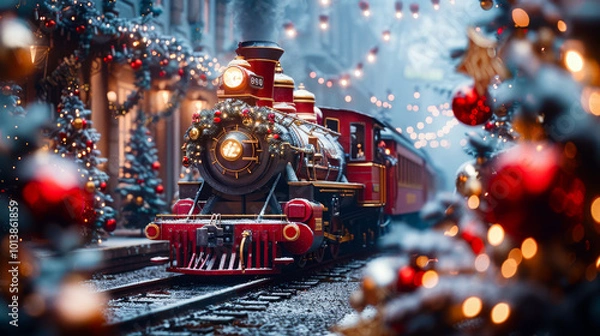 Fototapeta A vibrant train glides past beautifully decorated buildings and Christmas trees, creating a festive holiday atmosphere. Beautiful greeting card, copy space.