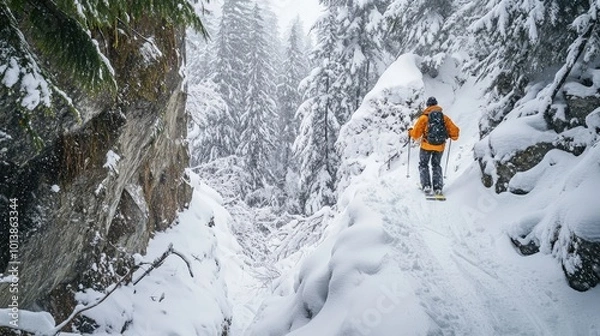 Fototapeta A snowboarder descending a narrow, steep off-road path, with snow-covered trees and rocks creating a dramatic freeride challenge.