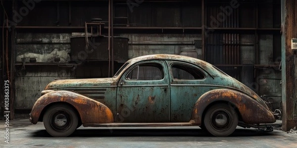 Fototapeta A rusty vintage car in a garage with shelves.