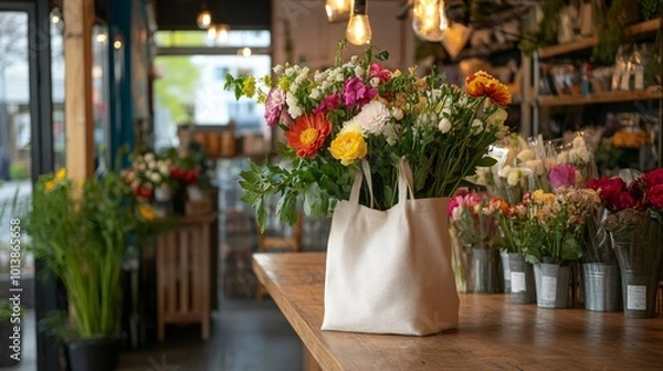 Fototapeta Colorful flower bouquet in a white tote bag on a wooden table in a flower shop.