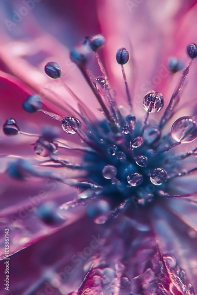 Fototapeta Close up of pink flower with dew drops