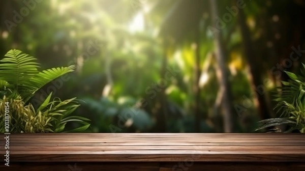Fototapeta Wood tabletop counter podium floor in outdoors tropical garden forest blurred green leaf plant nature background. Neural network ai generated art
