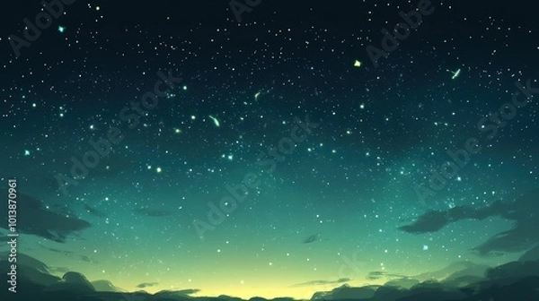Fototapeta A vibrant green and yellow night sky with a multitude of stars and a few clouds.