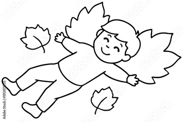 Fototapeta Little Happy Boy Enjoying Autumn Leaves in a Colorful Vector Illustration
