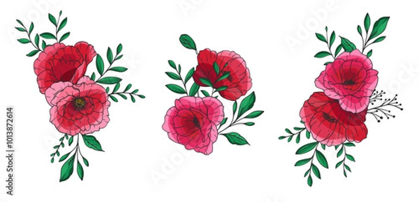 Fototapeta Poppy Flower Vector Illustration. Red Poppies on white background. Remembrance day design. Botanical Background trendy colorful wildflowers. Hand drawn floral background template. Floral Art. Poppy 