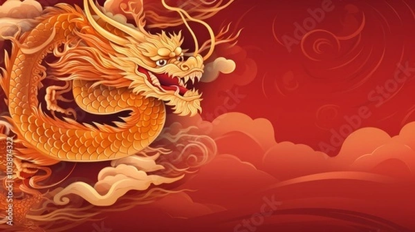 Fototapeta Golden dragon with red background, Chinese suspicious symbol. Neural network ai generated art