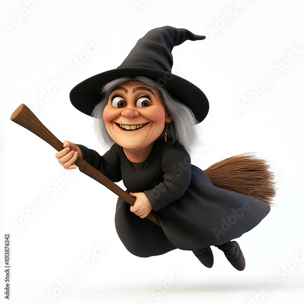 Fototapeta A friendly cartoon witch in a pointy hat, flying on her broomstick with a cheerful smile, set on white.