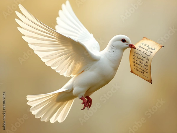 Fototapeta Graceful White Dove in Mid-Flight with Parchment Paper Symbolizing Peace, Love, and Spirituality Against Warm Golden Gradient Background, Perfect for Themes of Communication and Uplifting Messages