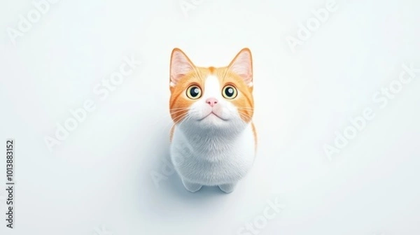 Obraz Adorable ginger and white cat sitting and looking up on a plain background, capturing the essence of playful curiosity.