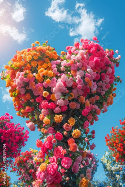 Fototapeta Shot of tall trees, covered with roses of various colors, a huge heart-shaped structure between the tree and the flower branches of the tree