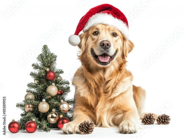 Fototapeta Happy golden retriever wearing a Christmas hat by a festive tree  