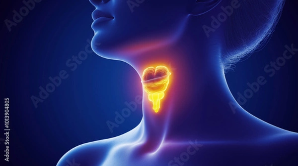 Fototapeta A woman self-examines her thyroid, which may be affected by conditions like goiter, hyperthyroidism, hypothyroidism, tumors, or cancer