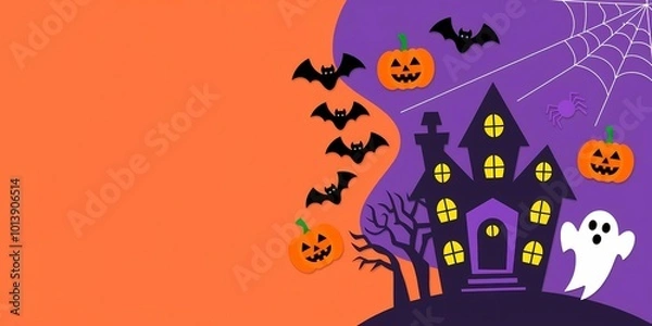Fototapeta Vector flat illustration for Halloween with an orange and purple palette highlighting a haunted house with illuminated windows surrounded by friendly ghosts and bats and pumpkins.