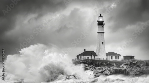Fototapeta Lighthouse in the storm waves landscape illustration generated by ai