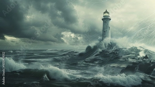Fototapeta Lighthouse in the storm waves landscape illustration generated by ai