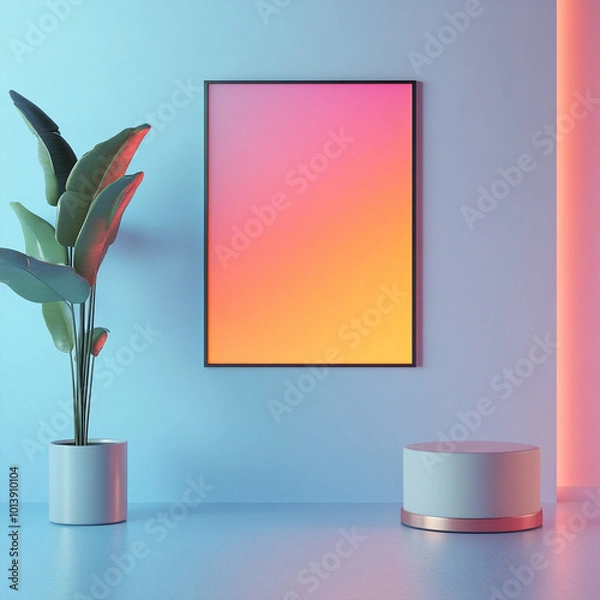 Obraz Modern Neon Lit Interior with Gradient Poster Frame – Futuristic Design Concept