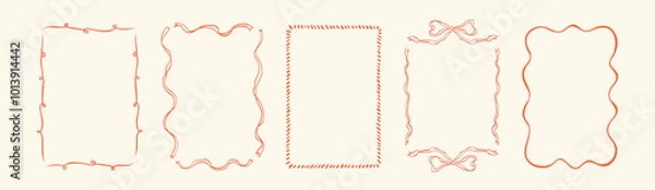 Fototapeta Collection of doodle hand drawn trendy frames with wavy lines, bows and ribbons. Minimalist line art. Modern whimsical borders for wedding invitations, birthday card, lunch menus. Vector illustration.
