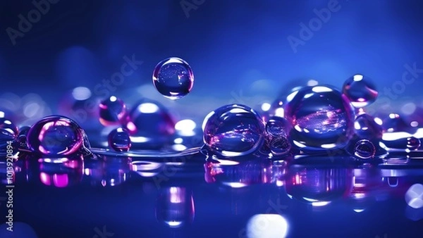 Fototapeta A cluster of iridescent vibrant blue oil bubbles floating on a water surface, AI generated