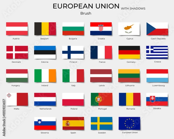 Fototapeta European union flags with shadows. Rectangle EU flags, buttons.