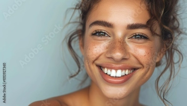 Fototapeta Close up of beautiful woman smiling with white teeth against a grey...
