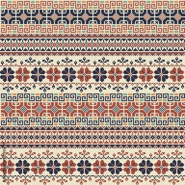 Fototapeta Seamless pattern design with traditional Palestinian embroidery motif